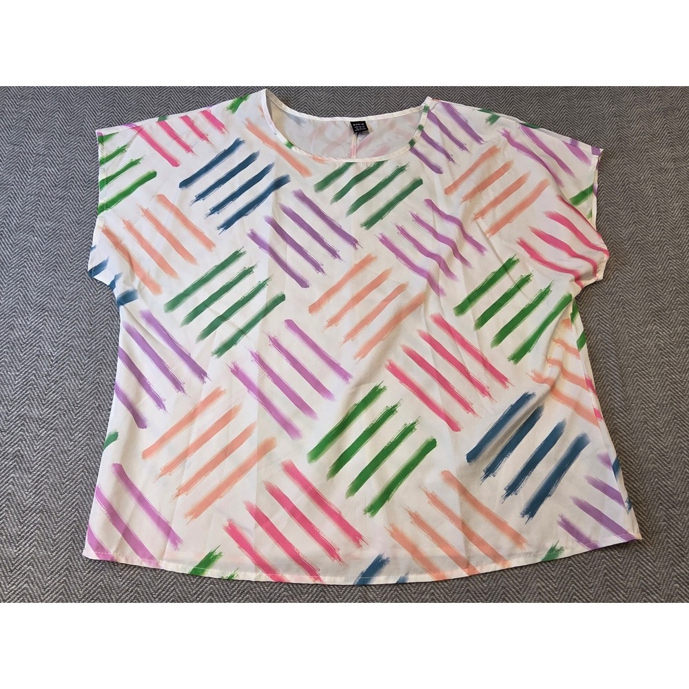 SHEIN Blouse Top Womens XL Multicolor Brushstroke Stripe Short Sleeve Round Neck